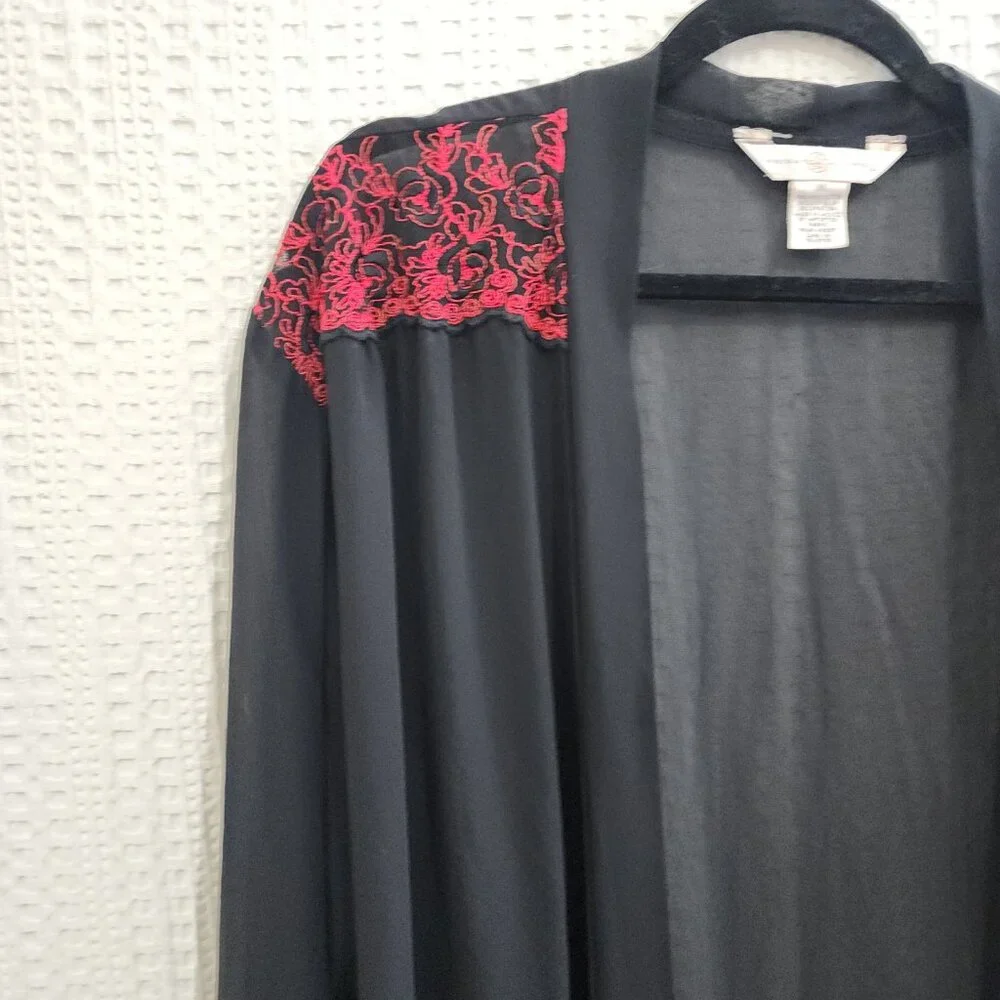 Vintage Private Luxuries Sheer Black Kimono Red Floral Embroidery Lace Robe M